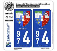 2 Autocollants Plaque immatriculation Auto 974 Réunion - Armoiries