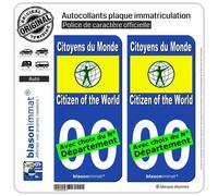 2 Autocollants plaque immatriculation Auto : Citoyens du Monde - Drapeau