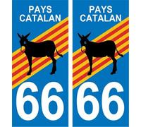 2 Autocollants Plaque Immatriculation Auto Département 66 Pyrénées Orientales Pays Catalan avec l'Ane Catalan