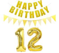 2 ballons en forme de chiffre 12 doré + guirlande Happy Birthday + bannière dorée pour 12ème anniversaire de jeune fille 12 ans Décoration d'anniversaire Ballon chiffré 12 ballons d'anniversaire