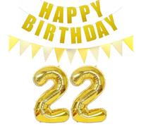 2 Ballons en Forme de Chiffre 22 Doré + Guirlande Happy Birthday + Bannière Dorée 22e Ans Anniversaire Homme Femme