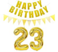 2 Ballons en Forme de Chiffre 23 Doré + Guirlande Happy Birthday + Bannière Dorée 23ème Anniversaire pour Homme Femme 23 Ans