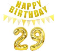 2 ballons en forme de chiffre 29 doré + guirlande Happy Birthday + bannière dorée 29e anniversaire