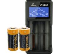 2 batteries CR123A Li-Ion avec jusqu'à 850mAh et chargeur USB avec grand écran, avec jusqu'à 0,5Ah de courant de charge