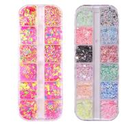 2 boîtes de 24 grilles mixtes de paillettes lumineuses fluorescentes pour nail art, kits de décoration d'ongles 3D brillants pour salon de manucure débutant, papillon + amour