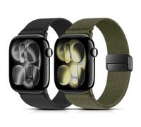 2 Bracelets Compatible avec Apple Watch 40 mm 41 mm 42 mm, Bracelets Élastiques en Nylon Tissé avec Boucle Magnétique pour Apple Watch Series Ultra/SE/11/10/9/8/7/6 (Noir/Vert olive)