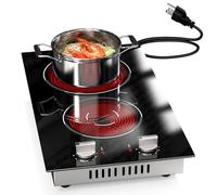 2 Burners Electric Cooktop, Plug in Electric Stove 110v, Countertop & Built-in Stove Top, 12 Inch Cooktop Knob Control, 9 Power Levels, 2000W, Grey knob, Karienvir