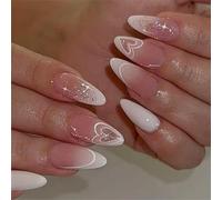 2. Coffin Fake Nails With Glitter Gradient & White Hearts 24PCS French Tip Reusable Nails French Ombres Glitters False Nail