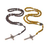 2 Collier Chapelet Croix Catholique avec Croix Médaille Jésus Christ Saint Benoît, Perles de Prière en Bois Naturel pour Chrétiens Catholiques Communion Religieuse, Baptême, Messe, Bible