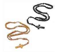 2 Colliers Croix Rosaire Catholique en Bois, Croix Jésus Saint Benoît, Bijou Religieux pour Communion Baptême Messe, Noir & Marron