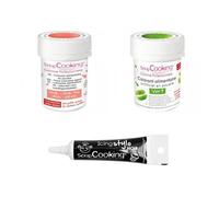 2 colorants alimentaires corail-vert + Stylo glaçage noir Scrapcooking