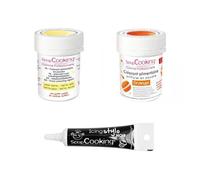 2 colorants alimentaires orange-jaune pastel + Stylo glaçage noir Scrapcooking