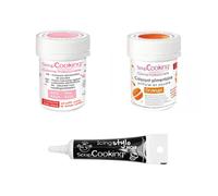 2 colorants alimentaires orange-rose poudré + Stylo glaçage noir Scrapcooking
