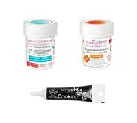 2 colorants alimentaires orange-turquoise + Stylo glaçage noir Scrapcooking