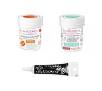 2 colorants alimentaires orange-vert d'eau + Stylo glaçage noir Scrapcooking