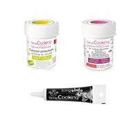 2 colorants alimentaires pourpre-vert citron + Stylo glaçage noir Scrapcooking