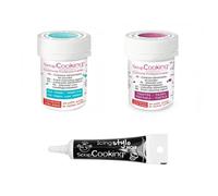 2 colorants alimentaires turquoise-pourpre + Stylo glaçage noir Scrapcooking