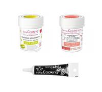 2 colorants alimentaires vert citron-corail + Stylo glaçage noir Scrapcooking