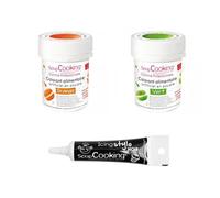 2 colorants alimentaires vert-orange + Stylo glaçage noir Scrapcooking