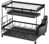 2 couches Étagère à vaisselle Égouttoir Support pour assiettes Étagère à vaisselle Noir