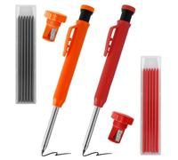 2 Crayons de Menuisier (orange et rouge) avec mines de rechange (noir et rouge) 2,8 mm - Marqueur de trous avec taille-intégré - Coffret de Crayon de Charpentier pour trous profonds avec étui