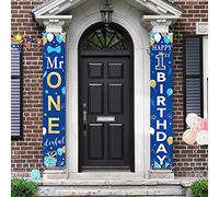 2 Décorations de Fête 1er Anniversaire Mr. Onederful Bannière d'Anniversaire 1st Birthday Signe de Porche Bannière de Porte Suspendue Signe de Porche de Bienvenue Bleu et Or, 71 X 12 Pouces