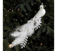 2 Decorations De Noël Paon avec Plumes Naturelles Et Clip Métal, Oiseaux Artificiels À Longue Queue Pailletés pour Sapin, Décoration De Fête, Mariage, Intérieur Et Jardin(White)