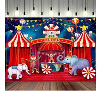 2 dimensions, 1 pièce Grande bannière de fond de fête de cirque avec clown, éléphant et maître de piste de cirque - Design de tente de carnaval rouge avec ballons et confettis - Facile à accrocher/Toi