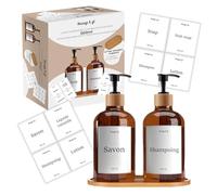 2 Distributeurs 50 cl pour Savon, Shampoing, Liquide Vaisselle | Support en Bambou, Entonnoir & Etiquettes Personnalisées | Accessoire Cuisine & Salle de Bain Pratique | OriginalCorner®
