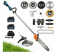 2-En-1 12″/192cm Élagueuse sur perche & Debroussailleuse à batterie 2×4,0Ah 1380W 18800RPM Sans fil, 7 Types de Lames Coupe-Bordures