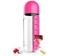 2 en 1 bouteille d'eau portable avec boîte à pilules organisateur 7 jours boîte de planificateur voyage médicaments cas conteneurs, 600 ml bouteille d'eau amovible (Pink)
