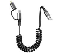 2 en 1 Cable Spirale Voiture pour Apple CarPlay et Android Auto [3A Charge Rapide & Transmission de Données], Câble Multi USB avec Lightning USB C Câble pour iPhone 16/15/14/13/Galaxy/Huawei