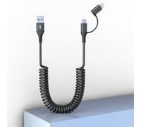 2 en 1 Câble USB vers USB C et Lightning CarPlay Câble Chargement Rapide 3A & Synchronisation Données Apple CarPlay & Android Auto Câble Spiralé Lightning et USB C pour iPhone 16/15/Smartphone Android