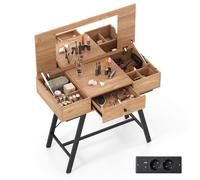 2 en 1 Coiffeuse avec Miroir COSTWAY, Station de Charge, Table de Maquillage à Dessus Rabattable, Tiroir, 6 Compartiments, Naturel