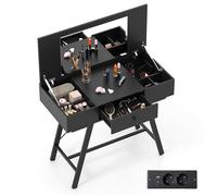 2 en 1 Coiffeuse avec Miroir COSTWAY, Station de Charge, Table de Maquillage à Dessus Rabattable, Tiroir, 6 Compartiments, Noir