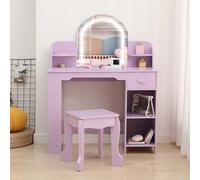 2 en 1 Coiffeuse enfant fille en bois avec Miroir lumineux et tabouret,Bureau Enfant avec 2 Compartiments & tiroirs,2 étagères pour Chambre, chambre d'enfant, Salle de Jeux(40x101x80cm,Violet)