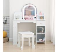 2 en 1 Coiffeuse enfant fille en bois avec Miroir lumineux et tabouret,Bureau Enfant avec 2 Compartiments & tiroirs,2 étagères pour Chambre, chambre d'enfant, Salle de Jeux(40x101x80cm,Blanc)