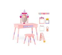 COSTWAY 2 en 1 Coiffeuse Enfants avec Tabouret, avec Miroir Détachable, Style Princesse, 1 Tiroir et 3 Cubes, Charge 30 KG, Rose