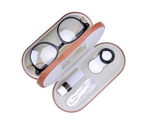 2 en 1 Double Face Lens & Eyewear Case with Mirror, Includes Tweezer, Remover Tool and Solution Bottle for Travel Black, marron, Art