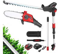 2-en-1 Élagueur sur Perche et Taille Haie Télescopique sans Fil TEENO,Poignée Principale Orientable,Tête Inclinable,Bandoulière Incluse(1 Batterie 20 V 4.0 Ah, Chargeur)