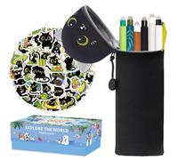 2 en 1 en Kawaii Étui +10 stylos panda à Encre Gel effaçables, Set de papeterie panda, Silicone Porte-Plume Étanche avec Fermeture Éclair, Enlever Encre sans Consommer la Feuille (Chat noir)