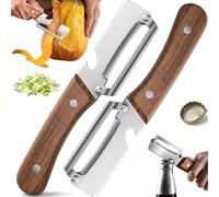 2 en 1 Eplucheur Multifonction, 2pcs eplucheur légumes Acier Inoxydable Eplucheur Manche Ergonomique en Bois et Décapsuleur Intégré Lame Tranchante pour Pommes de Terre Carottes et Fruits