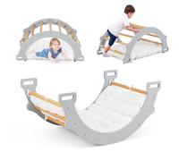 2 en 1 Escalade Enfant d'Intérieur en Bois Montessori, Triangle d'escalade avec Coussin, Parcours Motricité Bébé, Cheval à Bascule pour Enfant 3 Ans+ (Gris)