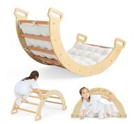2 en 1 Escalade Enfant d'Intérieur en Bois Montessori, Triangle d'escalade avec Coussin, Parcours Motricité Bébé, Cheval à Bascule pour Enfant 3 Ans+ (Naturel)