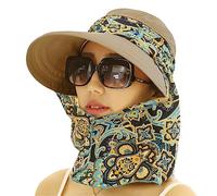 2 En 1 Femme Chapeau de Soleil Été Pliable Casquette Visière Large Bord Anti-UV Casquette de Protection Solaire à 360° avec Cache-foulard Détachable pour Plage Voyage Vacances Vélo Camping Jardinage