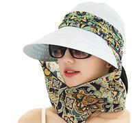 2 En 1 Femme Chapeau de Soleil Été Pliable Casquette Visière Large Bord Anti-UV Casquette de Protection Solaire à 360° avec Cache-foulard Détachable pour Plage Voyage Vacances Vélo Camping Jardinage