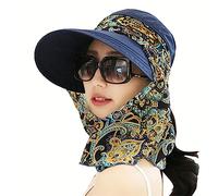 2 En 1 Femme Chapeau de Soleil Été Pliable Casquette Visière Large Bord Anti-UV Casquette de Protection Solaire à 360° avec Cache-foulard Détachable pour Plage Voyage Vacances Vélo Camping Jardinage