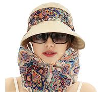 2 En 1 Femme Chapeau de Soleil Été Pliable Casquette Visière Large Bord Anti-UV Casquette de Protection Solaire à 360° avec Cache-foulard Détachable pour Plage Voyage Vacances Vélo Camping Jardinage