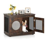 2 en 1 Meuble Bac à Litière pour Animaux COSTWAY, Fenêtre Translucide, Cage d'Intérieur pour Chien 82 x 47 x 60 cm, Brun rustique