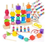 2 en 1 Montessori Jouet 2 3 4 5 Ans Bloc de Construction Billes de Laçage Perles en Bois Jeu d'enfilage Educatif Puzzles Cadeau
